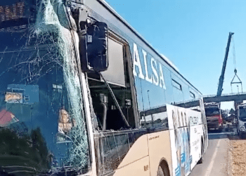 El autobús de la L8 ha sufrido importantes daños. Una grúa de Grúas Ibiza interviene para retirar el vehículo.