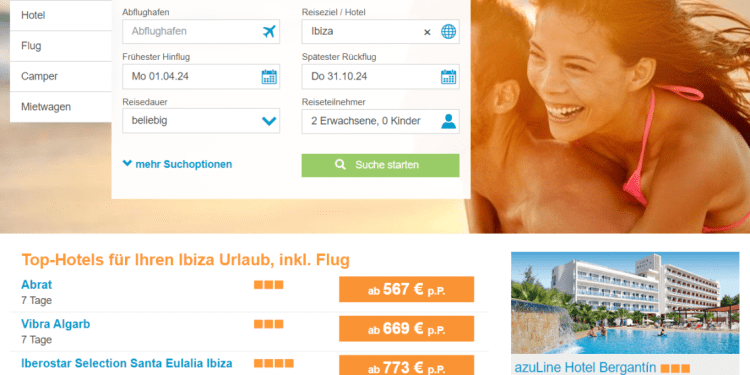 Imagen de archivo de la web de FTI, en la página de reservas de paquetes a Ibiza.