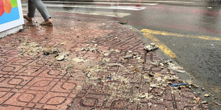 Restos salidos de las alcantarillas, sobre la acera. Fotos: Noudiari