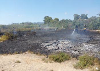 Intervención de bomberos y agentes del Ibanat para sofocar las llamas. Fotos: Bombers d'Eivissa