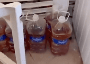 Una captura de pantalla donde se ve la orina en garrafas de agua en el vídeo de Comando Desokupa.