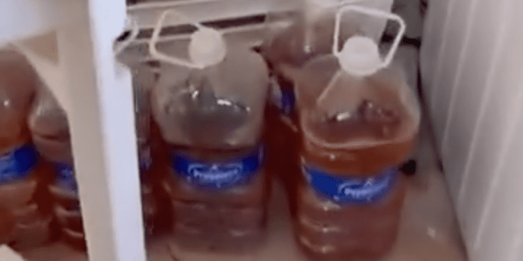 Una captura de pantalla donde se ve la orina en garrafas de agua en el vídeo de Comando Desokupa.