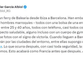 Mensaje en redes sociales de García Albiol sobre migrantes en un ferry de Ibiza.
