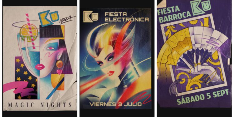 Tres de los carteles diseñados por Josep Prat Sorolla para la discoteca KU en 'Disco Ibiza, Locomía'.