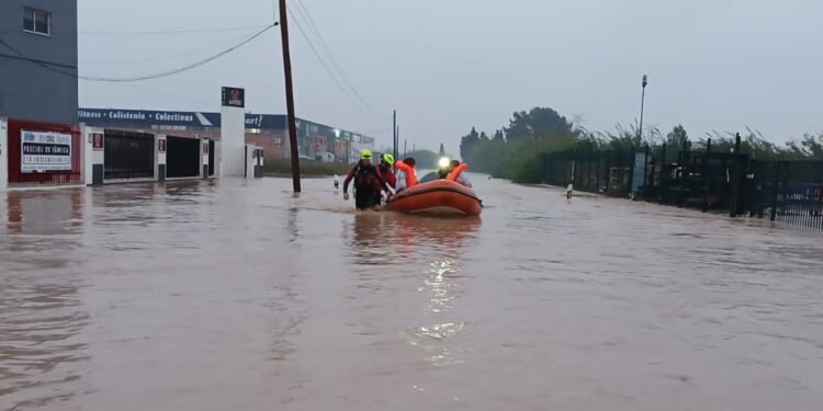Rescate hoy en Alzira de nueve personas y dos perros por parte de los bomberos. Foto Bombers Consorci VLC