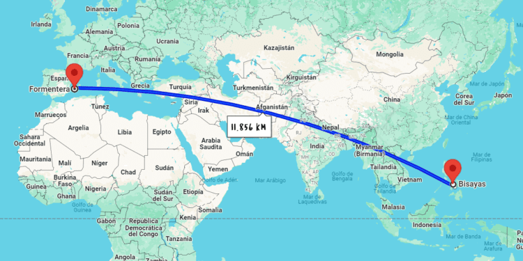 La distancia entre Formentera y Bisayas (Filipinas) es de más de 11.000 kilómetros. Imagen Google Maps