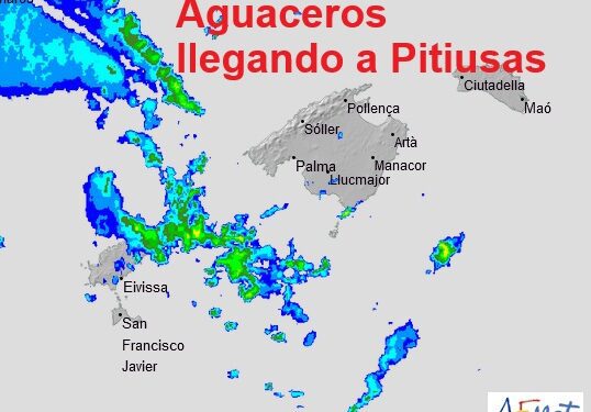 Imagen de la Aemet alertando de la llegada de chubascos tormentosos a Ibiza y Formentera.