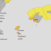 Previsión de Aemet para el martes en las Piiüses, con aviso naranja por precipitaciones.