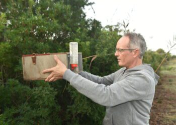 Jordi Serapio, coordinador de la campaña, sostiene una trampa de serpientes.