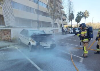 Bomberos durante el servicio del incendio del Seat Ibiza.