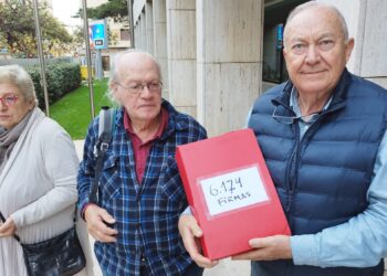Entrega de firmas hoy en el Consell con los portavoces del colectivo. Fotos V. M.