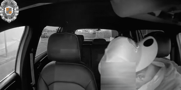 El ladrón robando dentro del taxi en la imagen captada por las cámaras del vehículo. Policía Local de Sant Josep.