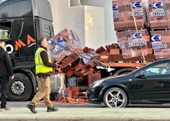 El camión de ladrillos ha perdido parte de la carga esta mañana. Fotos Noudiari