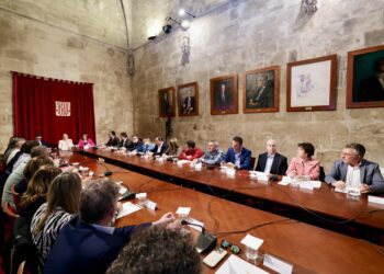 Reunión con los empresarios y agentes sociales para hablar de aranceles con la presencia, entre otros de Alfonso Rojo, presidente de la Pimeef, a la derecha de la imagen.