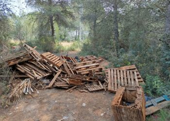 Acumulación de palets cerca de la rotonda.