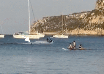 Bañista a punto de ser embestido por la moto de agua en Formentera, en esta captura de uno de los vídeos grabados por un residente. Imagen cedida a Noudiari por Jaume Escandell.