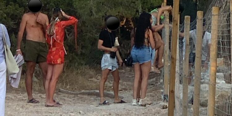 Turistas haciendo cola para su turno de saltar la valla que perimetra s'Era des Mataret, conocida como el 'Mirador de es Vedrà' a pesar de que está prohibido el paso. Fotos Noudiari