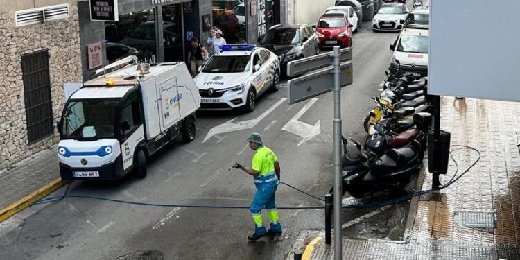 Un empleado de Valoriza, tras aplicar agua a presión. Junto al camión, la Policía Local de Ibiza que acudió al aviso de un vecino. Fotos Noudiari.es