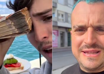 A la izquierda de la imagen, un chico mostrando un fajo de billetes en una terraza en Ibiza. A la derecha, Champi Muros dándole réplica. @champimuros