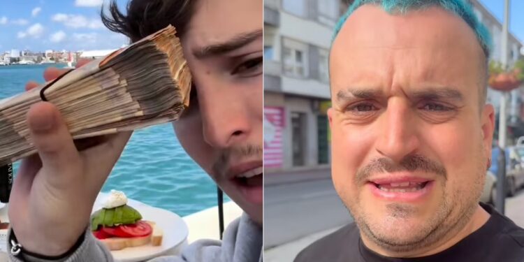 A la izquierda de la imagen, un chico mostrando un fajo de billetes en una terraza en Ibiza. A la derecha, Champi Muros dándole réplica. @champimuros