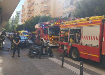 Los bomberos, en el momento en el que han rescatado a un perro que se había quedado en la vivienda incendiada. Fotos V. R. Noudiari.es