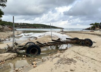 Un gran remolque arrastrado por la fuerza de la riada de ayer, que ha quedado en mitad de la playa de s'Arenal Gros de Portinatx, convertida en un río y parcialmente anegada. Fotos Noudiari L. F. A.