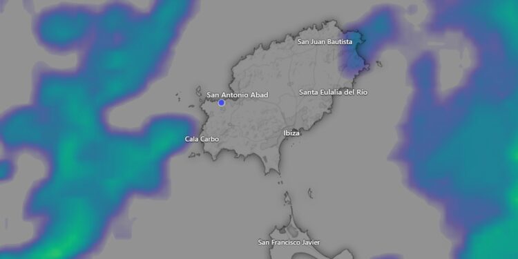 Las pitiusas, ya prácticamente libre de precipitaciones, en una imagen de Aemet a las 19.55 horas.
