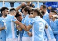 Los jugadores de la UD Ibiza celebran la consecución del primer gol ante el Algeciras
