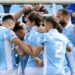 Los jugadores de la UD Ibiza celebran la consecución del primer gol ante el Algeciras