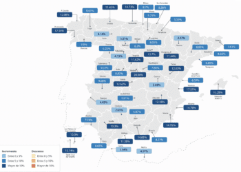 Mapa de la evolución de los precios de la vivienda elaborado por Tinsa.