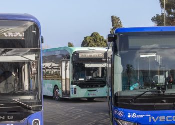 Los nuevos buses, en reconocibles tonos azul eléctrico y verde claro. Foto: Consell
