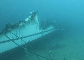 Primeras imágenes del pecio del yate que se incendió en la entrada del puerto de Ibiza el pasado viernes. Fotos: APB