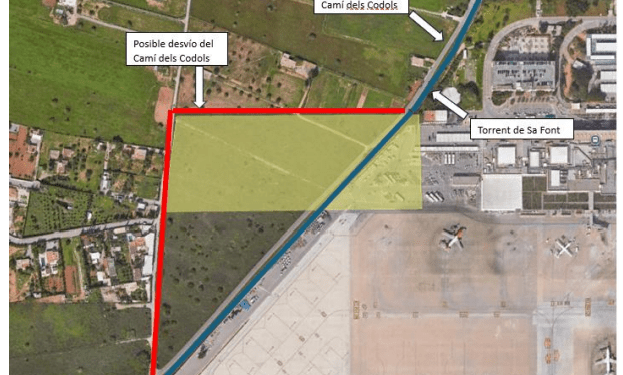 Propuesta de ampliación de Aena para el aeropuerto de Ibiza hacia el lado de es Codolar, que supondría desplazar la fachada suroeste del aeropuerto 60 metros. Imagen: Aena