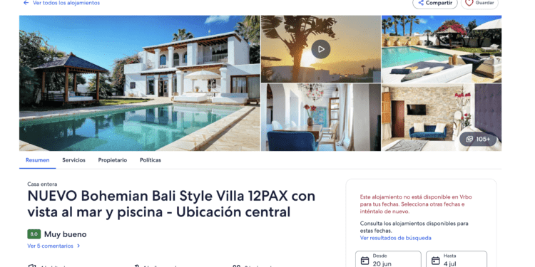 Captura de la plataforma VRBO donde la villa está en alquiler con otro nombre.