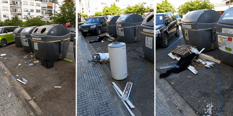Imágenes del punto de contenedores detrás de Santa Cruz en días diferentes. Fotos Noudiari.es
