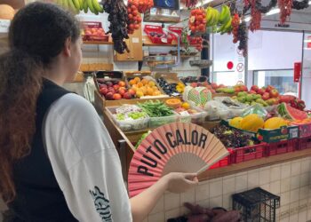 Una paradista del Mercat se abanica al calor del ambiente. Foto: Noudiari