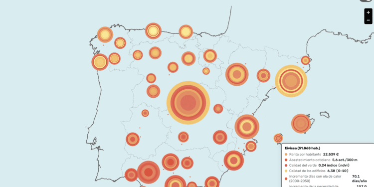 Mapa de municipio de más de 40.000 habitantes que sufrirán más días de olas de calor hasta 2050. Fuente: Atlas de vulnerabilidad al calor