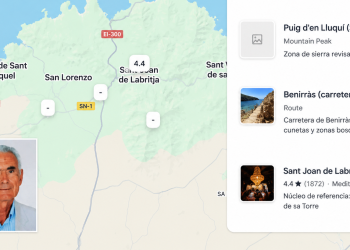 La búsqueda de Antonio Escandell Torres, de 85 años y vecino de Sant Joan de Labritja, sigue por diferentes puntos. Imagen de Google Maps y, superpuesta, la del hombre desaparecido.