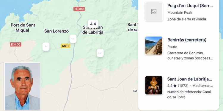 La búsqueda de Antonio Escandell Torres, de 85 años y vecino de Sant Joan de Labritja, sigue por diferentes puntos. Imagen de Google Maps y, superpuesta, la del hombre desaparecido.