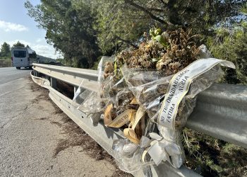 Flores que se colocaron en el punto del accidente mortal del pasado 18 de agosto, en el que murió un motorista. Fotos Noudiari.es