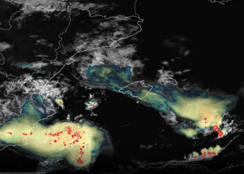 Imagen publicada por la Aemet a las 13.11 horas de la jornada del 17 de septiembre, que muestra un frente potente cuya entrada en las Pitiusas estaba prevista sobre las 14 horas.