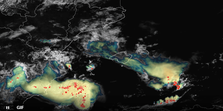 Imagen publicada por la Aemet a las 13.11 horas de la jornada del 17 de septiembre, que muestra un frente potente cuya entrada en las Pitiusas estaba prevista sobre las 14 horas.