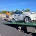 El vehículo, de la marca Aixam, ha quedado completamente destrozado en esta imagen en la que se ve sobre el vehículo de Grúas Ibiza que lo ha retirado de la vía.