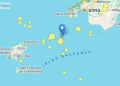 Mapa de sismos anteriores en el área de este terremoto, con el actual en azul y el resto en amarillo.