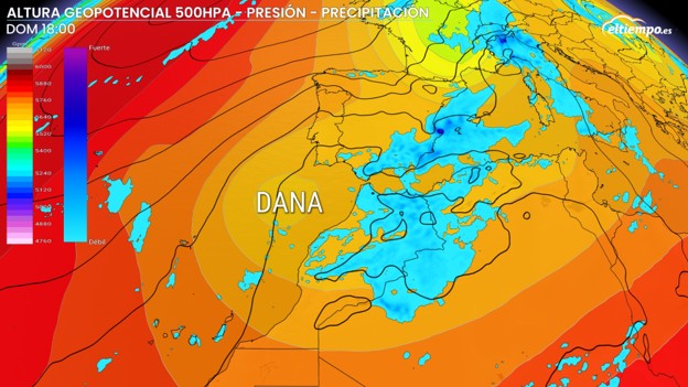 La previsión de la Aemet sitúa la DANA sobre el Mediterráneo.
